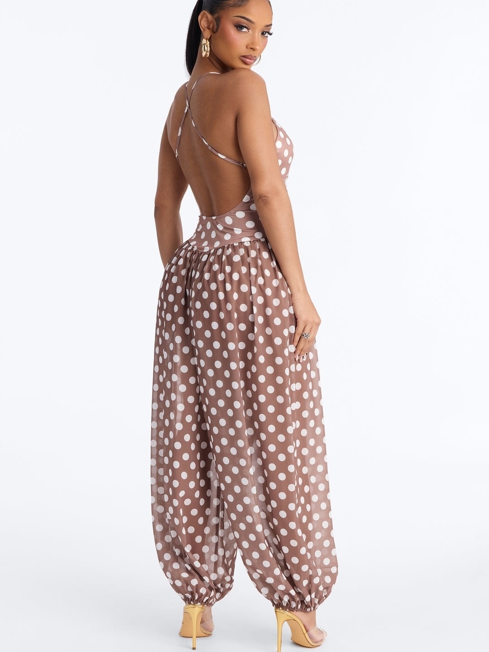 Polka Dot Brown Wide-Leg Jumpsuit - Picture 2 of 4